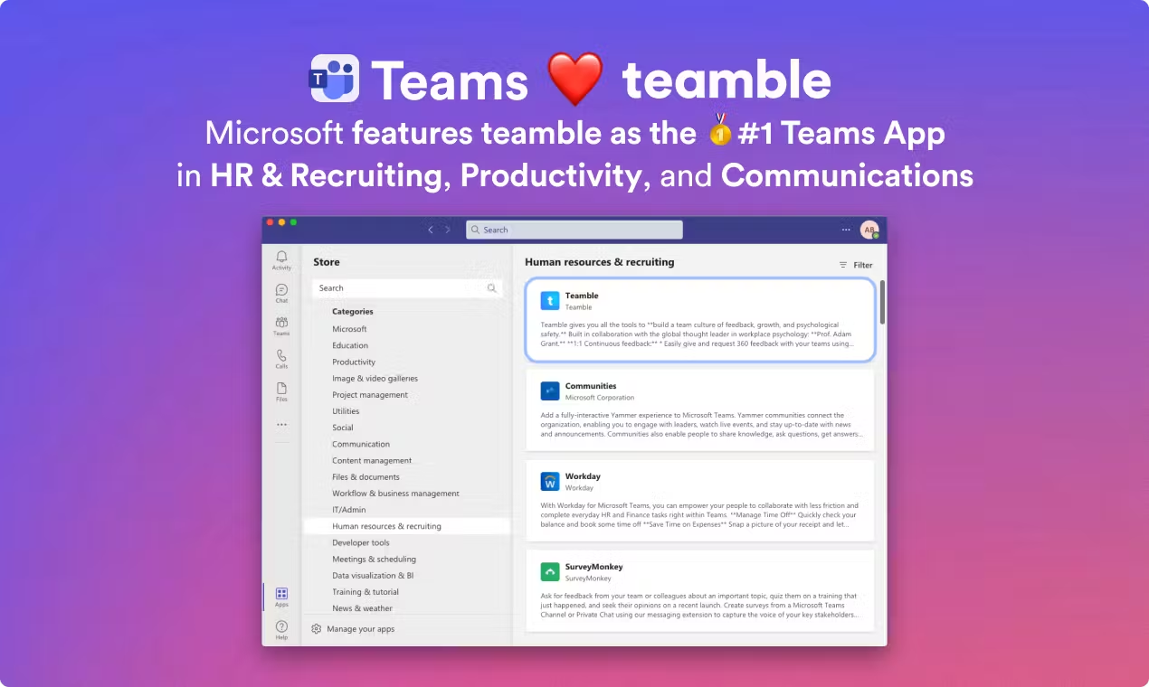 Teamble is a Featured App on Microsoft Teams and Slack App Stores