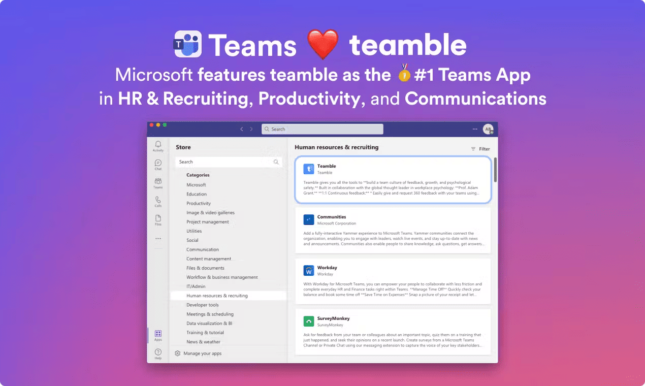 Teamble is a Featured App on Microsoft Teams and Slack App Stores