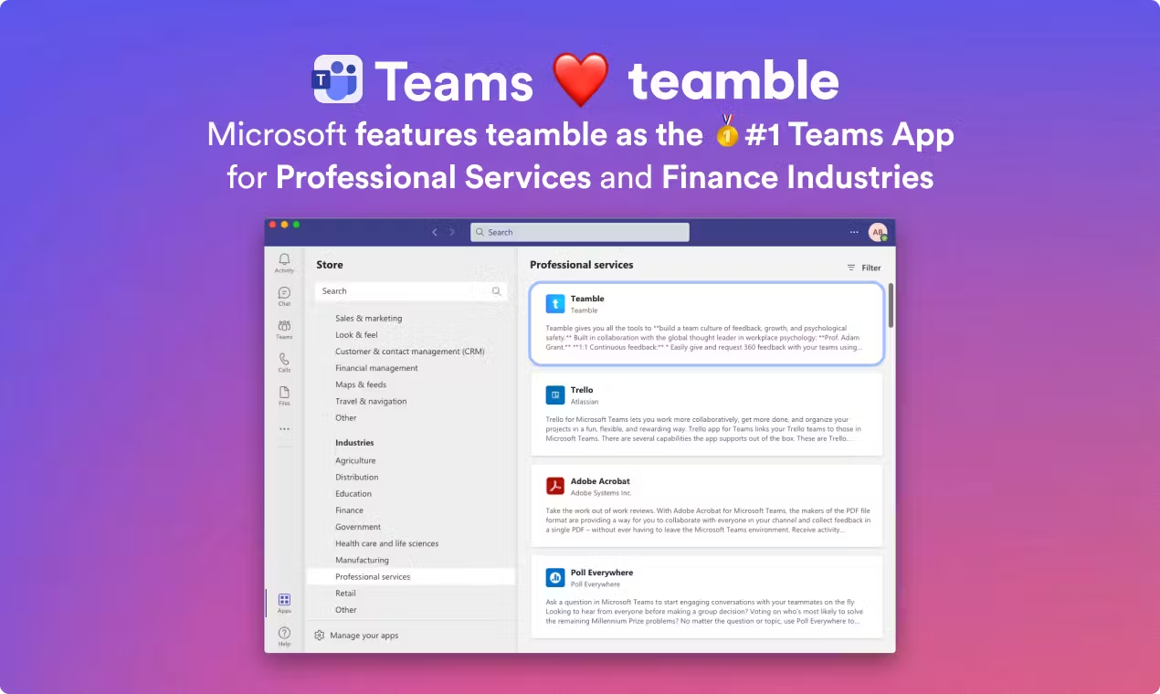 Teamble is a Featured App on Microsoft Teams and Slack App Stores